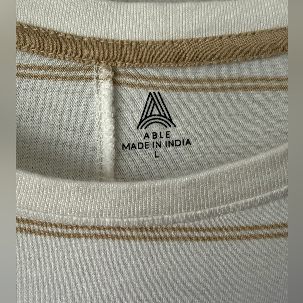Able Clothing Made in India Ecovero Viscose Cream Brown Striped Tee Women Large - Picture 4 of 8